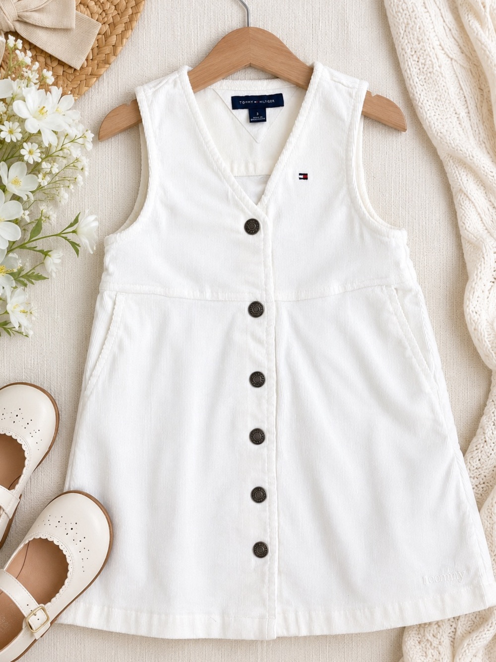 Tommy Hilfiger Toddler Girls White Corduroy Button Front Jumper Dress Size 3T